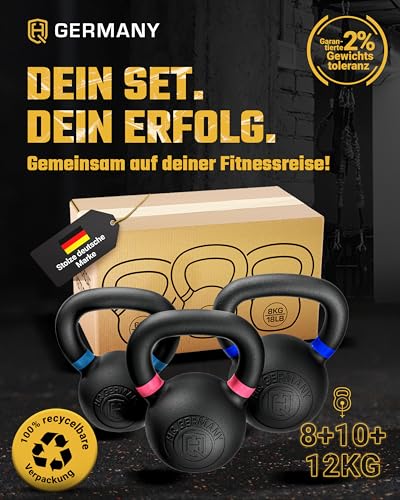 HQ Germany® Powdercoat Kettlebell | Vollguss | 2-32kg | Starter-Sets | Gewicht:+Starter-Set (8+10+12KG) - 2