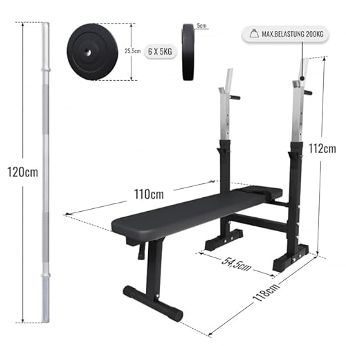 GORILLA SPORTS® Hantelbank - inkl. Hantelset 38/70/100kg, Ablage, Dip-Station, Höhenverstellbar, Klappbar, bis 200kg, Schwarz/Weiß - Trainingsbank mit Langhantelset, Drückerbank, Schrägbank, Flachbank - 15