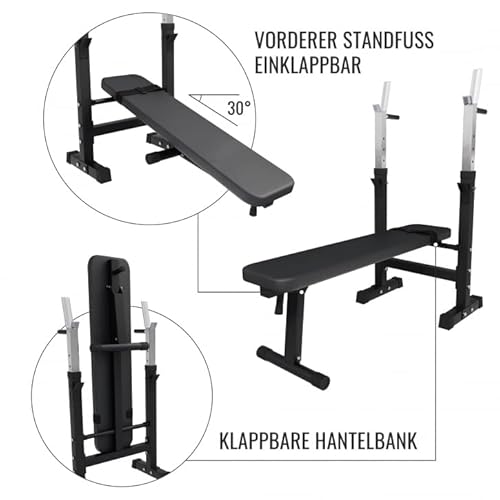GORILLA SPORTS® Hantelbank - inkl. Hantelset 38/70/100kg, Ablage, Dip-Station, Höhenverstellbar, Klappbar, bis 200kg, Schwarz/Weiß - Trainingsbank mit Langhantelset, Drückerbank, Schrägbank, Flachbank - 16