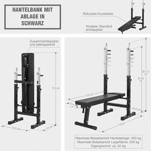 GORILLA SPORTS® Hantelbank - inkl. Hantelset 38/70/100kg, Ablage, Dip-Station, Höhenverstellbar, Klappbar, bis 200kg, Schwarz/Weiß - Trainingsbank mit Langhantelset, Drückerbank, Schrägbank, Flachbank - 18