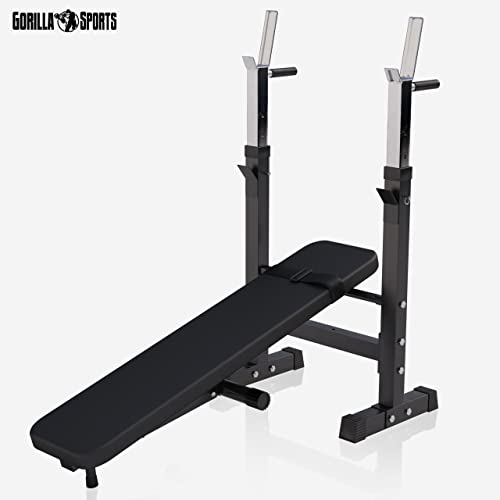 GORILLA SPORTS® Hantelbank - inkl. Hantelset 38/70/100kg, Ablage, Dip-Station, Höhenverstellbar, Klappbar, bis 200kg, Schwarz/Weiß - Trainingsbank mit Langhantelset, Drückerbank, Schrägbank, Flachbank - 5