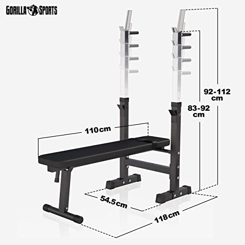 GORILLA SPORTS® Hantelbank - inkl. Hantelset 38/70/100kg, Ablage, Dip-Station, Höhenverstellbar, Klappbar, bis 200kg, Schwarz/Weiß - Trainingsbank mit Langhantelset, Drückerbank, Schrägbank, Flachbank - 7