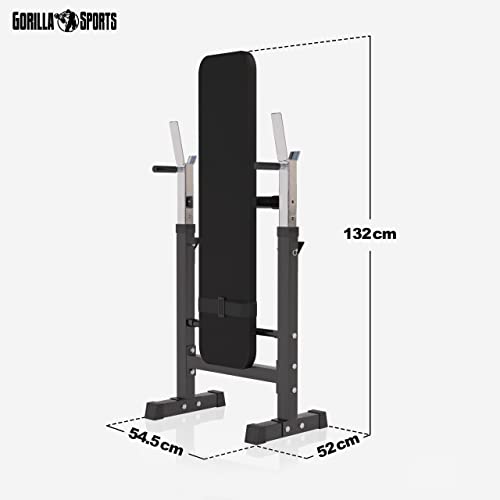 GORILLA SPORTS® Hantelbank - inkl. Hantelset 38/70/100kg, Ablage, Dip-Station, Höhenverstellbar, Klappbar, bis 200kg, Schwarz/Weiß - Trainingsbank mit Langhantelset, Drückerbank, Schrägbank, Flachbank - 8