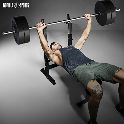 GORILLA SPORTS® Hantelbank - inkl. Hantelset 38/70/100kg, Ablage, Dip-Station, Höhenverstellbar, Klappbar, bis 200kg, Schwarz/Weiß - Trainingsbank mit Langhantelset, Drückerbank, Schrägbank, Flachbank - 9