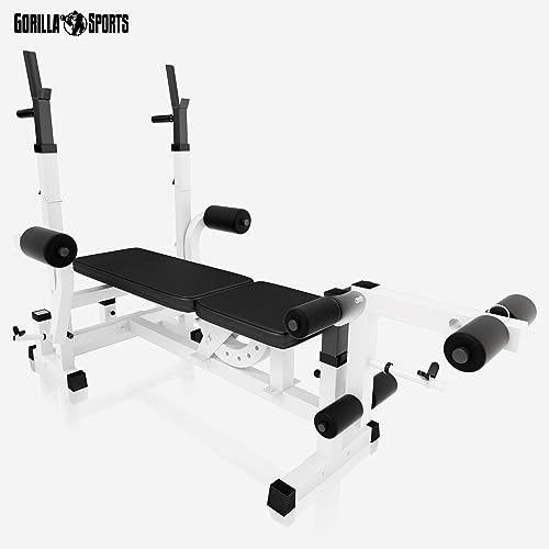 GORILLA SPORTS® Multifunktion Hantelbank - Verstellbar, mit Langhantel-Ablage, Curlpult und Butterfly, Dip-Station, Beincurler, Bankdrücken, Schwarz/Weiß - Trainingsbank, Kraftstation, Fitness Bank - 3