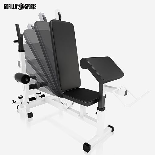 GORILLA SPORTS® Multifunktion Hantelbank - Verstellbar, mit Langhantel-Ablage, Curlpult und Butterfly, Dip-Station, Beincurler, Bankdrücken, Schwarz/Weiß - Trainingsbank, Kraftstation, Fitness Bank - 4