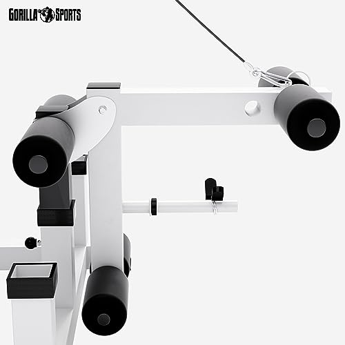 GORILLA SPORTS® Multifunktion Hantelbank - Verstellbar, mit Langhantel-Ablage, Curlpult und Butterfly, Dip-Station, Beincurler, Bankdrücken, Schwarz/Weiß - Trainingsbank, Kraftstation, Fitness Bank - 7
