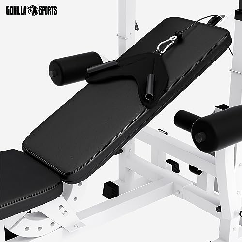 GORILLA SPORTS® Multifunktion Hantelbank - Verstellbar, mit Langhantel-Ablage, Curlpult und Butterfly, Dip-Station, Beincurler, Bankdrücken, Schwarz/Weiß - Trainingsbank, Kraftstation, Fitness Bank - 10