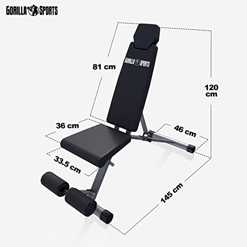 GORILLA SPORTS® Hantelbank - Klappbare, 8-Fach Rückenlehne und 4-Fach Sitz Verstellbar, bis 200 kg Belastbar, Multifunktion, mit Beinhalterung - Trainingsbank, Flachbank, Schrägbank, Negativbank - 5