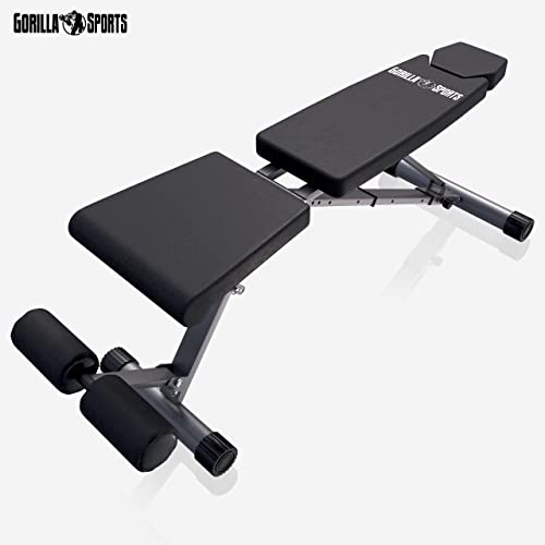 GORILLA SPORTS® Hantelbank - Klappbare, 8-Fach Rückenlehne und 4-Fach Sitz Verstellbar, bis 200 kg Belastbar, Multifunktion, mit Beinhalterung - Trainingsbank, Flachbank, Schrägbank, Negativbank - 8