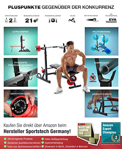 Sportstech Innovative 21in1 Hantelbank inkl. Hantelscheibenständer & Liegestützgriffe | smartes Faltsystem | Trainingsbank BRT300 klappbar | Anti-Rutsch-Füße | EVA-Polster & (BRT300) - 8