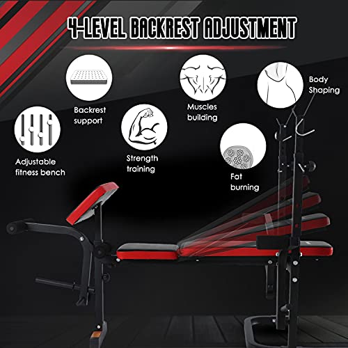ISE Multifunktional Trainingsbank Hantelbank verstellbar Klappbar mit Beincurler Semi-Pro Haushalt Fitnessgeräter für Kniebeuge Bankdrücken Rumpfbeuge belastet 120kg, Neigen, Schwarz, Rot - 2