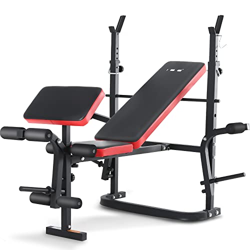 ISE Multifunktional Trainingsbank Hantelbank verstellbar Klappbar mit Beincurler Semi-Pro Haushalt Fitnessgeräter für Kniebeuge Bankdrücken Rumpfbeuge belastet 120kg, Neigen, Schwarz, Rot - 8