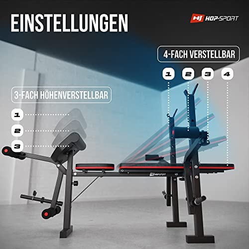 Hop-Sport klappbare Hantelbank HS-1055 mit Langhantel-Ablage, Curlpult und Butterfly- verstellbare Trainingsbank für Bankdrücken, schwarz, rot - 2