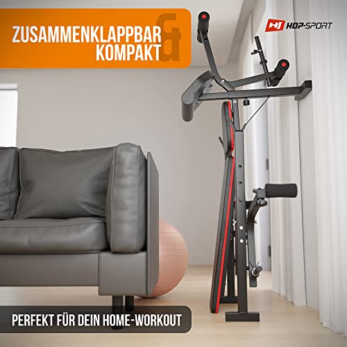 Hop-Sport klappbare Hantelbank HS-1055 mit Langhantel-Ablage, Curlpult und Butterfly- verstellbare Trainingsbank für Bankdrücken, schwarz, rot - 3