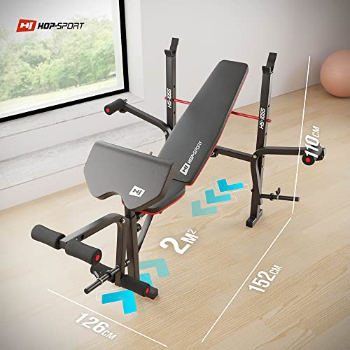 Hop-Sport klappbare Hantelbank HS-1055 mit Langhantel-Ablage, Curlpult und Butterfly- verstellbare Trainingsbank für Bankdrücken, schwarz, rot - 4