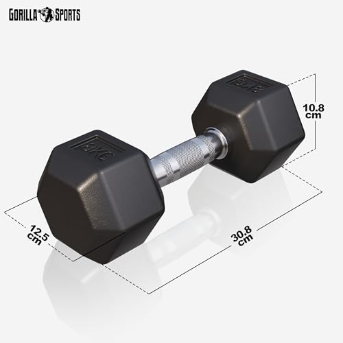 GORILLA SPORTS® Hexagon Kurzhanteln - Gewichte 2-50 kg, mit/ohne Ablage, Gusseisen Gummiert, Rutschsicher, Griff Gerändelt, Verchromt, Schwarz - Sechseckige Hanteln, Dumbbell, Krafttraining, Fitness - 3