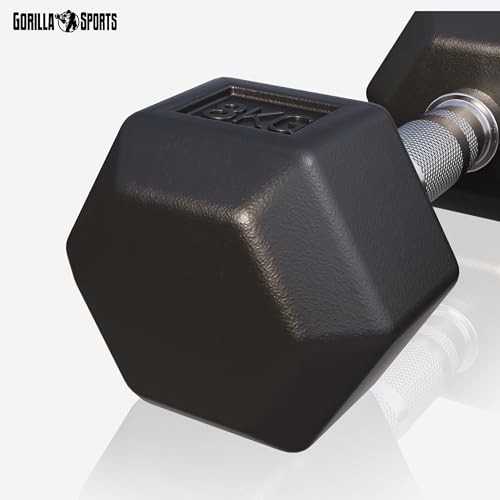 GORILLA SPORTS® Hexagon Kurzhanteln - Gewichte 2-50 kg, mit/ohne Ablage, Gusseisen Gummiert, Rutschsicher, Griff Gerändelt, Verchromt, Schwarz - Sechseckige Hanteln, Dumbbell, Krafttraining, Fitness - 6