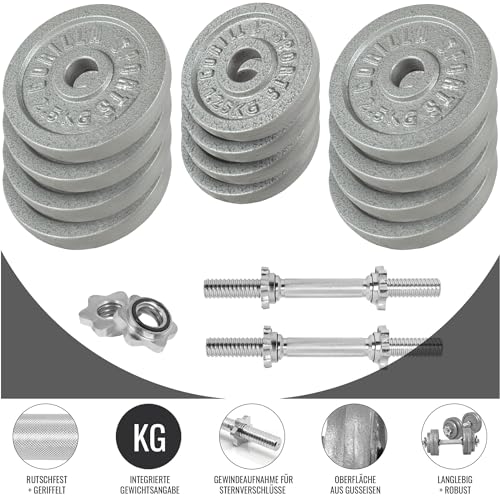 GORILLA SPORTS® Kurzhantelset 30 kg - 2er Set, 12 Hantelscheiben, 2 Kurzhantelstangen mit 4 Sternverschlüssen, 30mm, Gusseisen, rutschfest, Gerändelt, Silber/Schwarz - Kurzhanteln, Kurzhantel Set - 2