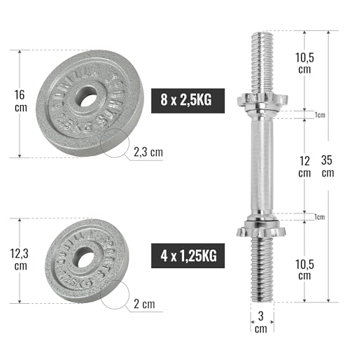 GORILLA SPORTS® Kurzhantelset 30 kg - 2er Set, 12 Hantelscheiben, 2 Kurzhantelstangen mit 4 Sternverschlüssen, 30mm, Gusseisen, rutschfest, Gerändelt, Silber/Schwarz - Kurzhanteln, Kurzhantel Set - 3