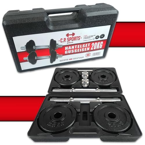 C.P.Sports Gusseisen Kurzhantelset 20KG im Koffer | 2er Set Kurzhanteln – 2 Hantelstangen + 8 Hantelscheiben + 4 Verschlüsse | Hanteln für Kraftsport, Hanteltraining, Bodybuilding, Fitness, Home Gym - 3