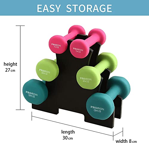 PROIRON Neopren Hanteln Kurzhanteln Frauen Hantelset Kleine Hantel Kurzhantel Set mit Ständer (6er-Set)(Rosa+Grün+Dunkelgrün/1kg+2kg+3kg) - 7