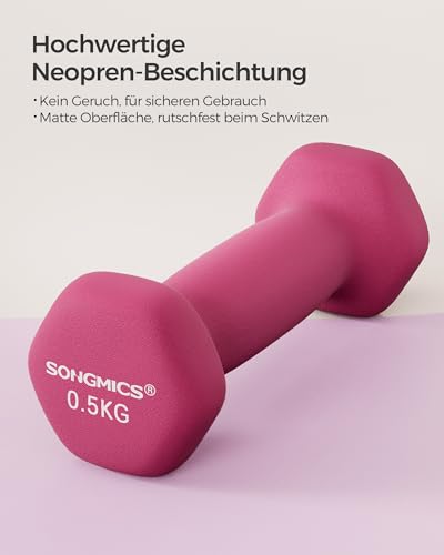 SONGMICS Hanteln 2er Set, 2 x 0,5 kg, Kurzhanteln mit matter Beschichtung aus Neopren, rutschfest, Fitness, Krafttraining, für Zuhause, Fitnessstudio, pink SYL61PK - 2