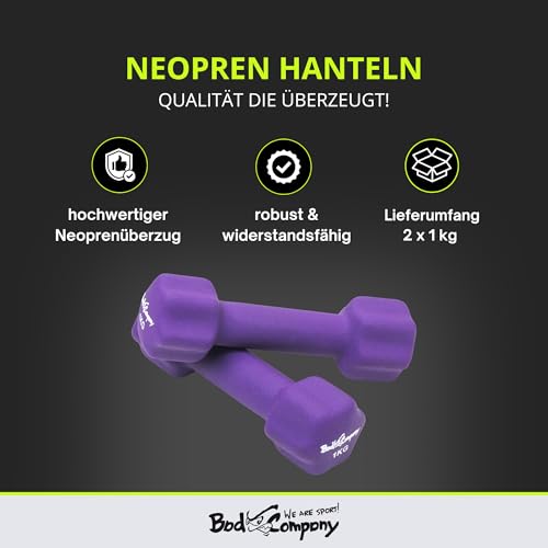 Bad Company Neopren Hanteln 2 x 1 kg lila – Kleine Hantel gummiert für Fitness Gymnastik - 2