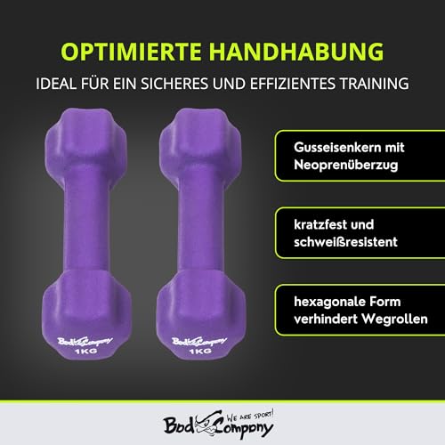 Bad Company Neopren Hanteln 2 x 1 kg lila – Kleine Hantel gummiert für Fitness Gymnastik - 3