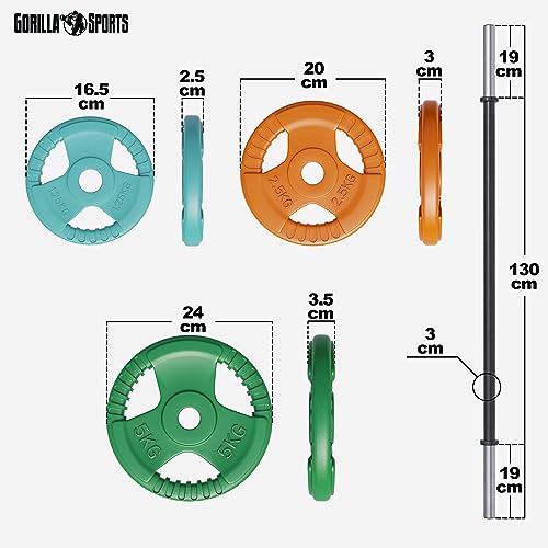 GORILLA SPORTS® Langhantel Set - 19,3 kg / 20 kg, Aerobic, 130 cm, 6 Hantelscheiben, 2x1,25kg, 2x2,5kg, 2x5kg Gewichte, 30mm, Gusseisen, Federverschlüsse - Hantelset, Pump Set, Langhantelset (19,3 kg) - 4