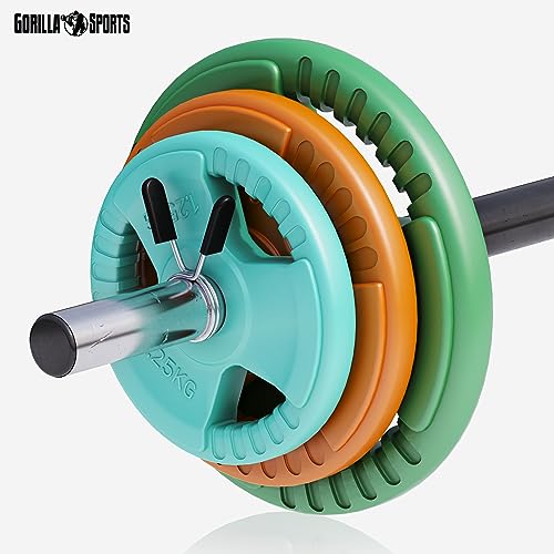 GORILLA SPORTS® Langhantel Set - 19,3 kg / 20 kg, Aerobic, 130 cm, 6 Hantelscheiben, 2x1,25kg, 2x2,5kg, 2x5kg Gewichte, 30mm, Gusseisen, Federverschlüsse - Hantelset, Pump Set, Langhantelset (19,3 kg) - 6