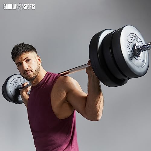 GORILLA SPORTS® Langhantel Set - 60kg, 100kg oder 130kg, Langhantelstange 170cm, 2 Kurzhanteln, Hantelscheiben aus Kunststoff, 30mm, mit Sternverschlüssen - Hantelset, Langhanteln, Gewichten, Fitness - 9