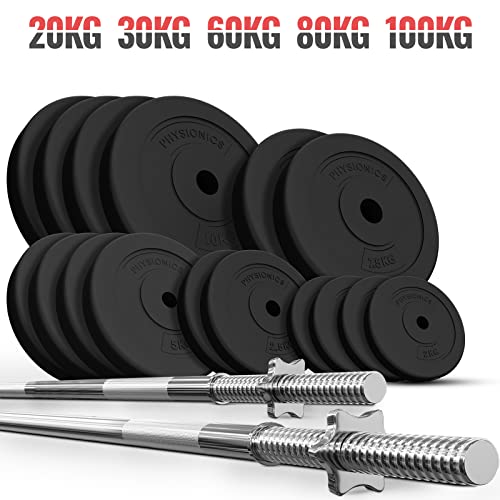 Physionics® Langhantel Set - Langhantel 120/165/180 cm, aus Stahl, Hantelscheiben (Ø30/31 mm) 20/30/60/80/100 kg, Sternverschlüsse - Langhantel mit Gewichten, Hantelset, Langhantelstange - 2