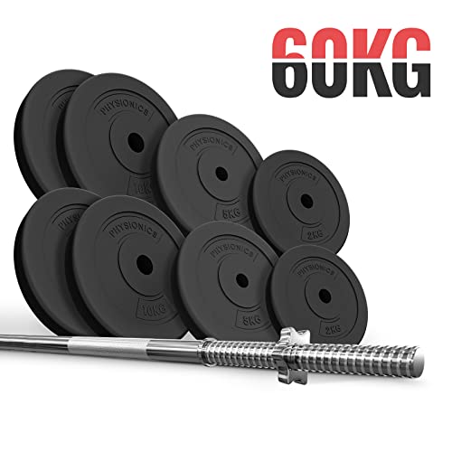 Physionics® Langhantel Set - Langhantel 120/165/180 cm, aus Stahl, Hantelscheiben (Ø30/31 mm) 20/30/60/80/100 kg, Sternverschlüsse - Langhantel mit Gewichten, Hantelset, Langhantelstange - 7