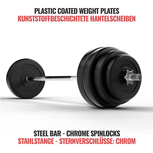Physionics® Langhantel Set - Langhantel 120/165/180 cm, aus Stahl, Hantelscheiben (Ø30/31 mm) 20/30/60/80/100 kg, Sternverschlüsse - Langhantel mit Gewichten, Hantelset, Langhantelstange - 8