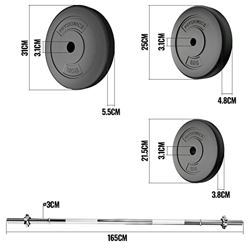 Physionics® Langhantel Set - Langhantel 120/165/180 cm, aus Stahl, Hantelscheiben (Ø30/31 mm) 20/30/60/80/100 kg, Sternverschlüsse - Langhantel mit Gewichten, Hantelset, Langhantelstange - 9