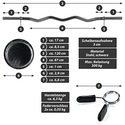 MAXXIVA Curlstange 120 cm Krafttraining Zugstange schwarz Federverschluss Workout Bodybuilding Fitness-Zubehör Gewichtheben - 7