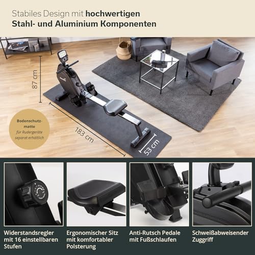 Skandika Rudergerät Munin | Rudergerät für zuhause, klappbar, 16-stufiger Magnetwiderstand, 8 kg Schwungmassensystem, Kinomap App kompatibel | Fitnessgerät (schwarz) - 3