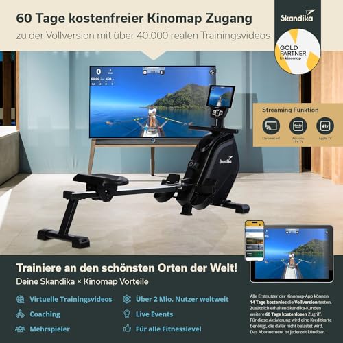 Skandika Rudergerät Munin | Rudergerät für zuhause, klappbar, 16-stufiger Magnetwiderstand, 8 kg Schwungmassensystem, Kinomap App kompatibel | Fitnessgerät (schwarz) - 4
