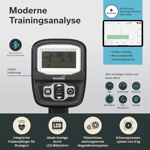 Skandika Rudergerät Munin | Rudergerät für zuhause, klappbar, 16-stufiger Magnetwiderstand, 8 kg Schwungmassensystem, Kinomap App kompatibel | Fitnessgerät (schwarz) - 6