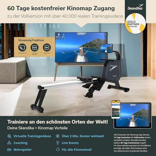 Skandika Rudergerät Njord | Ruderergometer mit 16 Stufen, klappbar, Studioqualität, 8 kg Schwungmassensystem, max. 180 kg, Lange Laufschiene, Kinomap, Bluetooth, | Fitnessgerät für Zuhause - 4