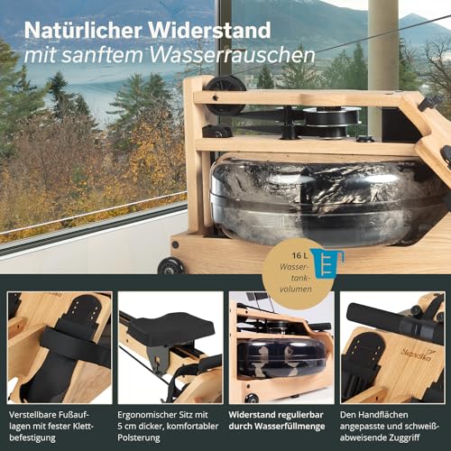 Skandika Wasserrudergerät Styrke | Rudergerät Wasser aus Holz, Kinomap App-Funktion, Wasserrudergerät für Zuhause, kanadische Eiche, naturnahes Rudern - 3