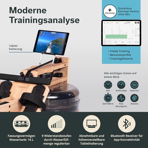Skandika Wasserrudergerät Styrke | Rudergerät Wasser aus Holz, Kinomap App-Funktion, Wasserrudergerät für Zuhause, kanadische Eiche, naturnahes Rudern - 5