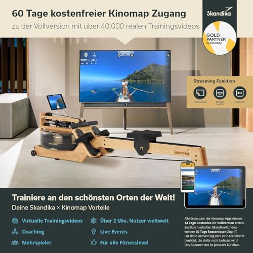 Skandika Wasserrudergerät Styrke | Rudergerät Wasser aus Holz, Kinomap App-Funktion, Wasserrudergerät für Zuhause, kanadische Eiche, naturnahes Rudern - 6