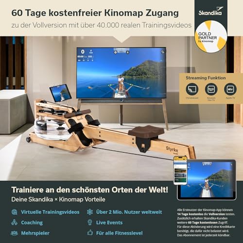 Skandika Wasserrudergerät Styrke | Designed and Made in Germany, Rudergerät Wasser aus Holz, Kinomap App-Funktion, Wasserrudergerät für Zuhause, Massive Esche, naturnahes Rudern (Styrke II) - 5