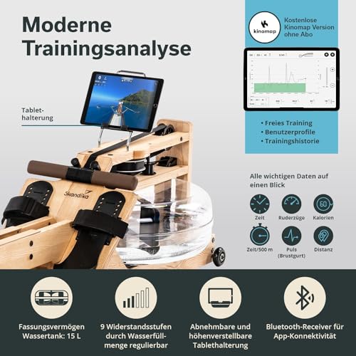 Skandika Wasserrudergerät Styrke | Designed and Made in Germany, Rudergerät Wasser aus Holz, Kinomap App-Funktion, Wasserrudergerät für Zuhause, Massive Esche, naturnahes Rudern (Styrke II) - 6