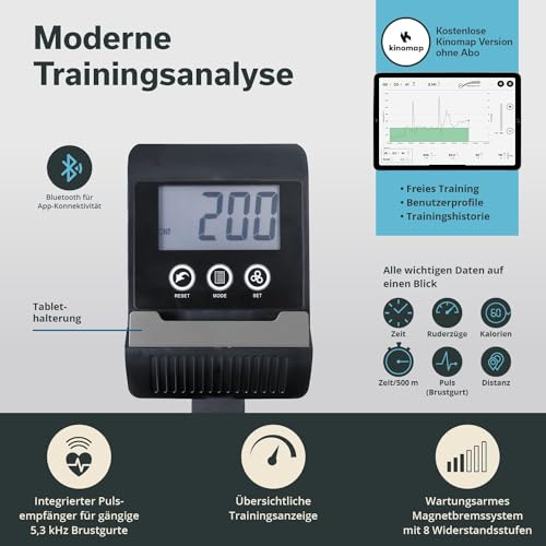 Skandika Rudergerät Venn, Ruderergometer, Tablet-Halterung, Rower mit Multifunktionscomputer, 8 Stufen Widerstandsverstellung, wartungsarm (grau) - 3