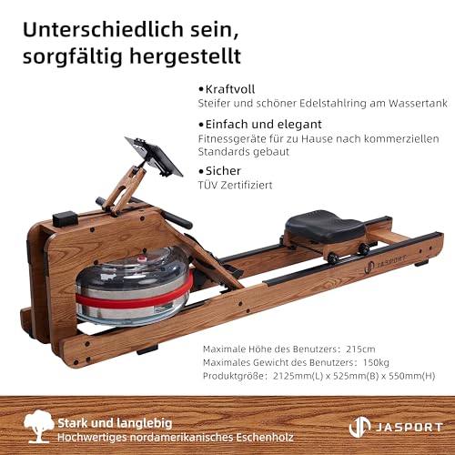 JASPORT R1 | Wasser-Rudergerät für zuhause aus Massiveholz (Esche) | Rudermaschine mit Trainingscomputer (Kinomap kompatibel) & Tablethalterung (Natur) - 3