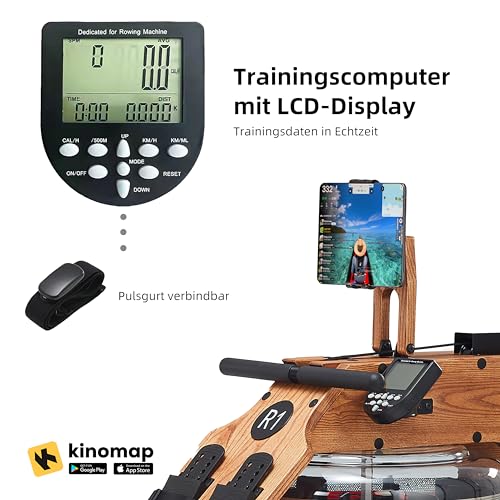 JASPORT R1 | Wasser-Rudergerät für zuhause aus Massiveholz (Esche) | Rudermaschine mit Trainingscomputer (Kinomap kompatibel) & Tablethalterung (Natur) - 5