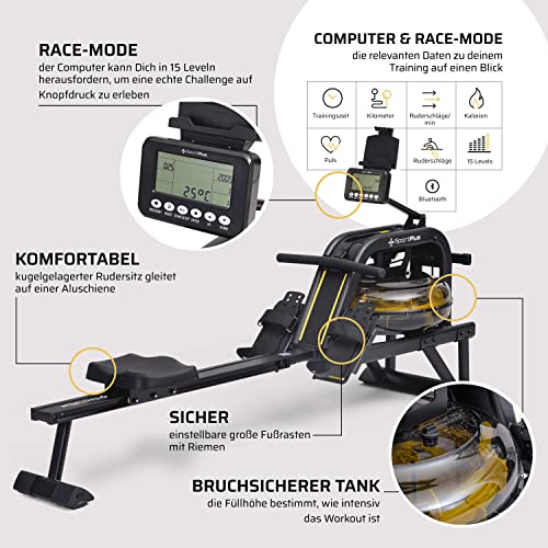 SportPlus Rudergerät für zuhause mit Wasserwiderstand - Rudergerät Wasser platzsparend - Wasserrudergerät für zuhause 6-Fach regulierbarer Widerstand - Belastbar bis 130kg - 4